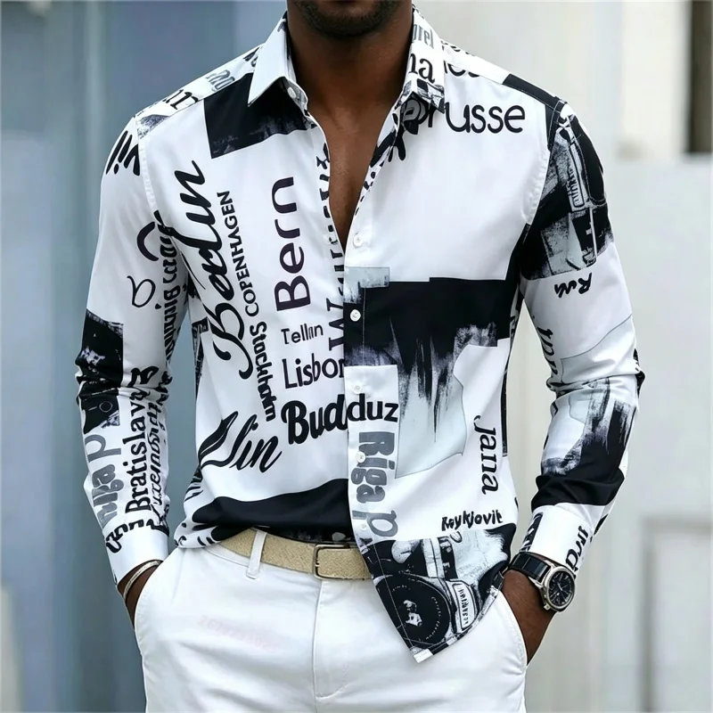 Street Fashion Men - 남성용 프린트 긴팔 셔츠, 슬림핏 칼라,