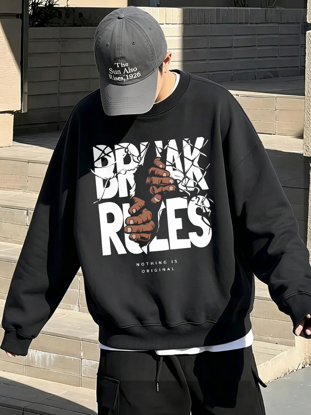Oversized Crewneck Fleece - 브레이크 룰즈 프린트 남성용 스웨트셔츠 겨울용
