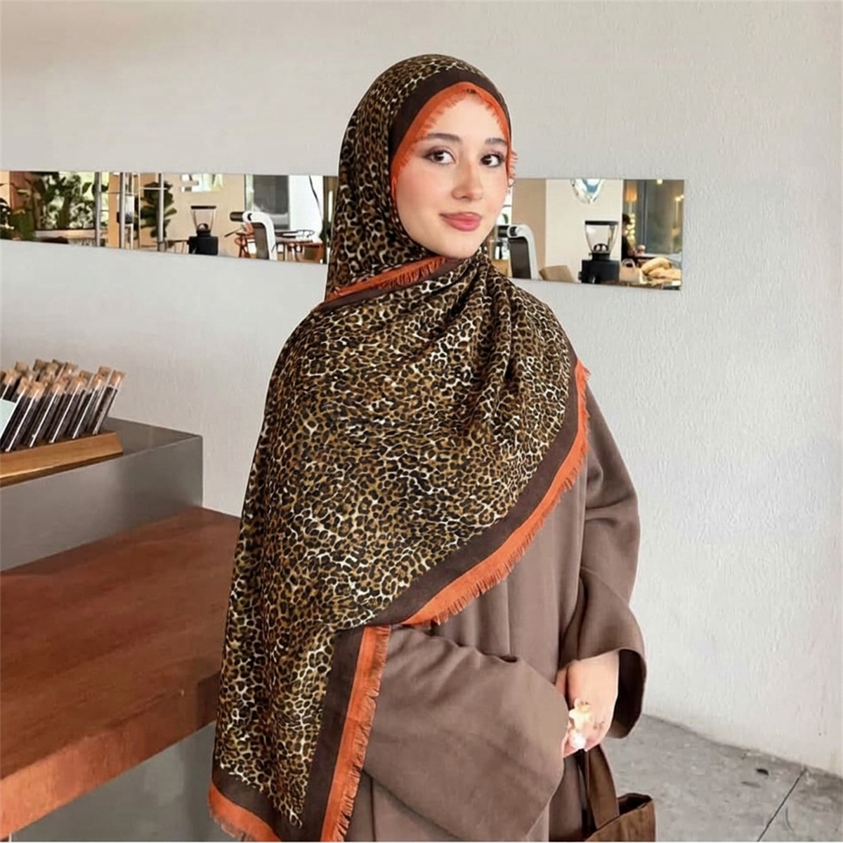Street Fashion Hijab - 빈티지 레오파드 프린트 히잡 스카프 부드럽고