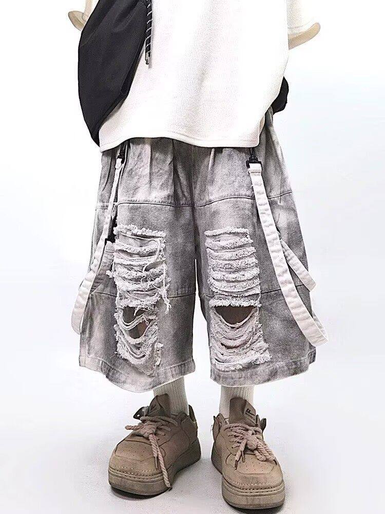 Street Fashion Hip Hop - 레트로 힙합 남성용 찢어진 청바지 여름