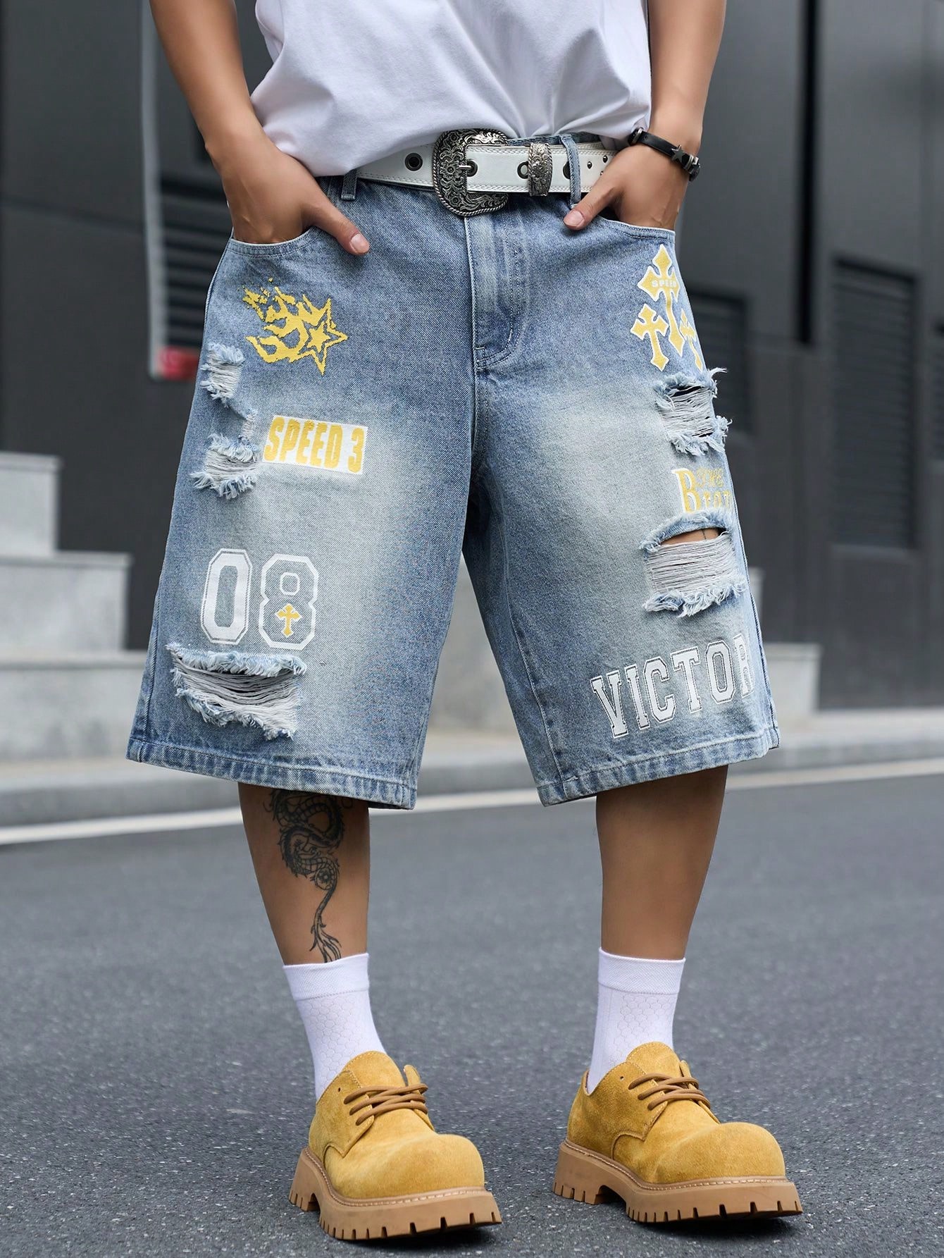 Street Fashion Hip Hop - 남성용 루즈핏 데님 버뮤다 반바지, 빈티지