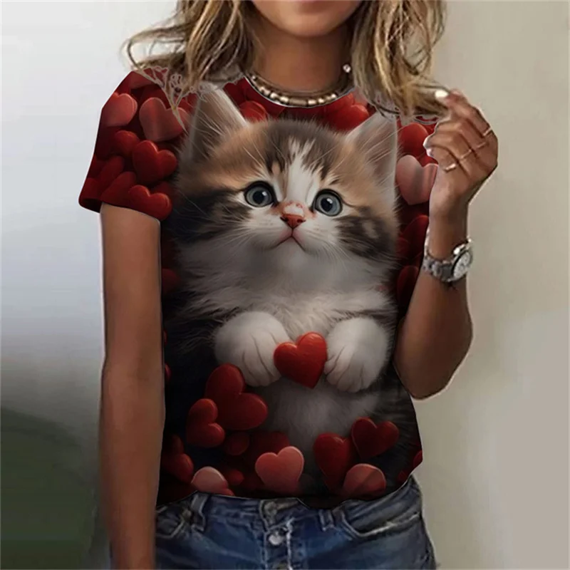 여성용 귀여운 고양이 패턴 반팔 라운드넥 상의, 3D  - Fashion Street Cat 리뷰 및 가격