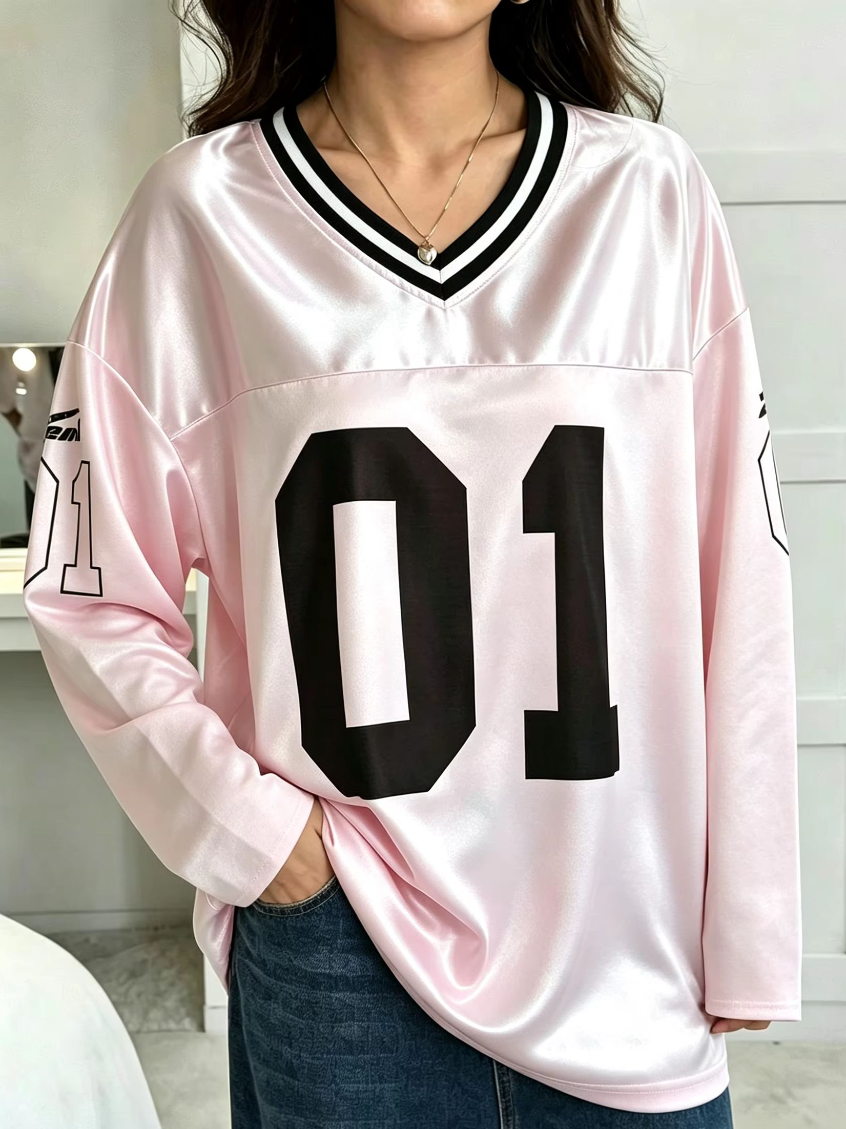 남녀공용 빈티지 긴소매 오버사이즈 01 넘버 프린트 V - Street Fashion Female 리뷰 및 가격