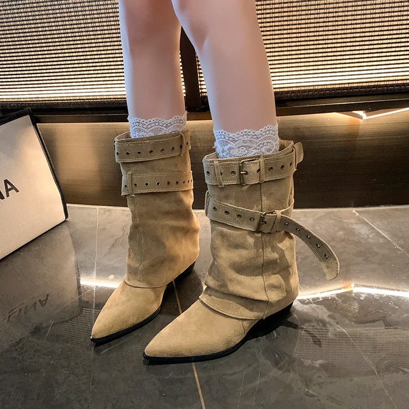 2025 뾰족코 여성 겨울 부츠 디자이너 미드 힐 우아 - Street Fashion Trends 리뷰 및 가격