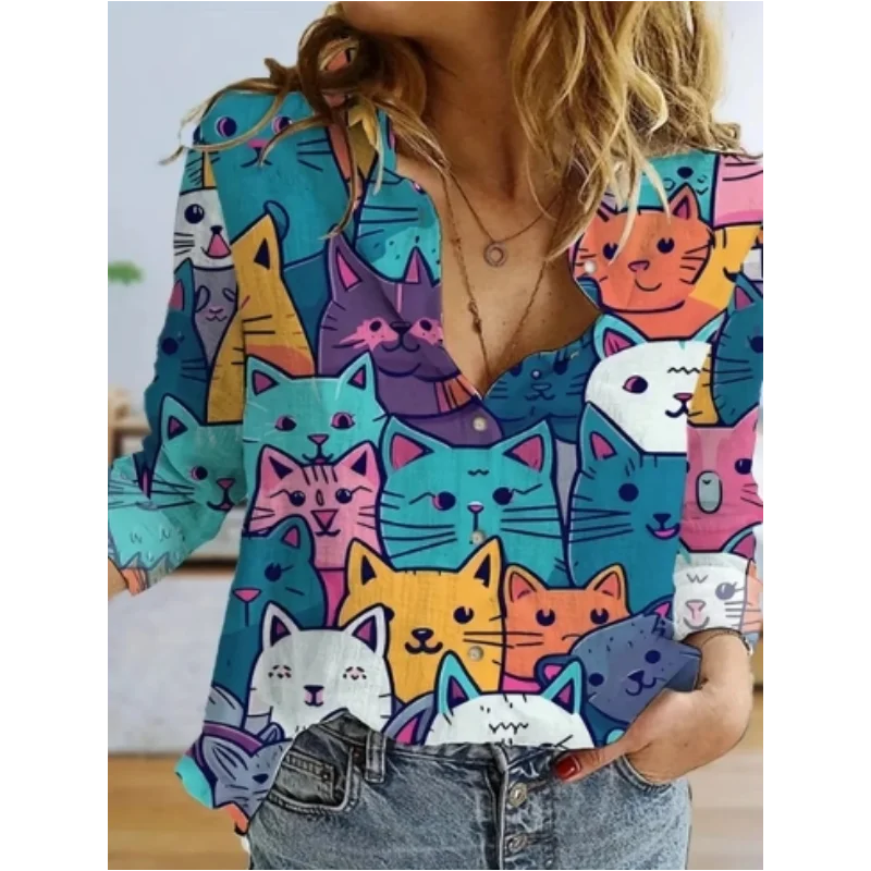 귀여운 동물 프린트 셔츠 상의, 만화 고양이 패턴, 맞 - Fashion Street Cat 리뷰 및 가격