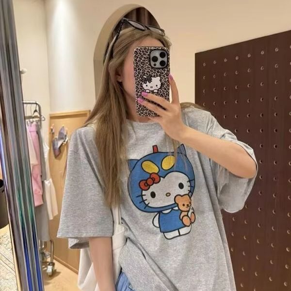 반팔 헬로 키티 프린트 티셔츠 산리오 여성 여름 새로운 - Street Fashion Jersey 리뷰 및 가격