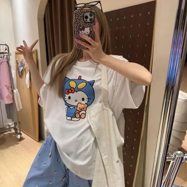 반팔 헬로 키티 프린트 티셔츠 산리오 여성 여름 새로운 - Street Fashion Jersey 리뷰 및 가격