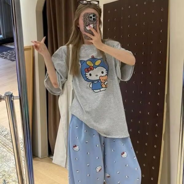 반팔 헬로 키티 프린트 티셔츠 산리오 여성 여름 새로운 - Street Fashion Jersey 리뷰 및 가격