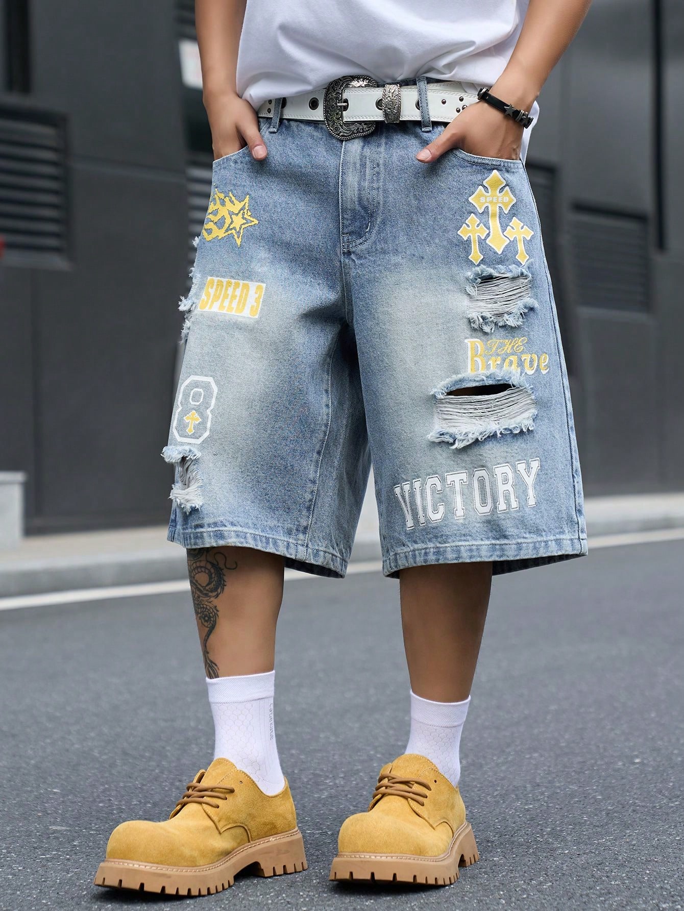 남성용 루즈핏 데님 버뮤다 반바지, 빈티지 디스트레스드 - Street Fashion Hip Hop 리뷰 및 가격