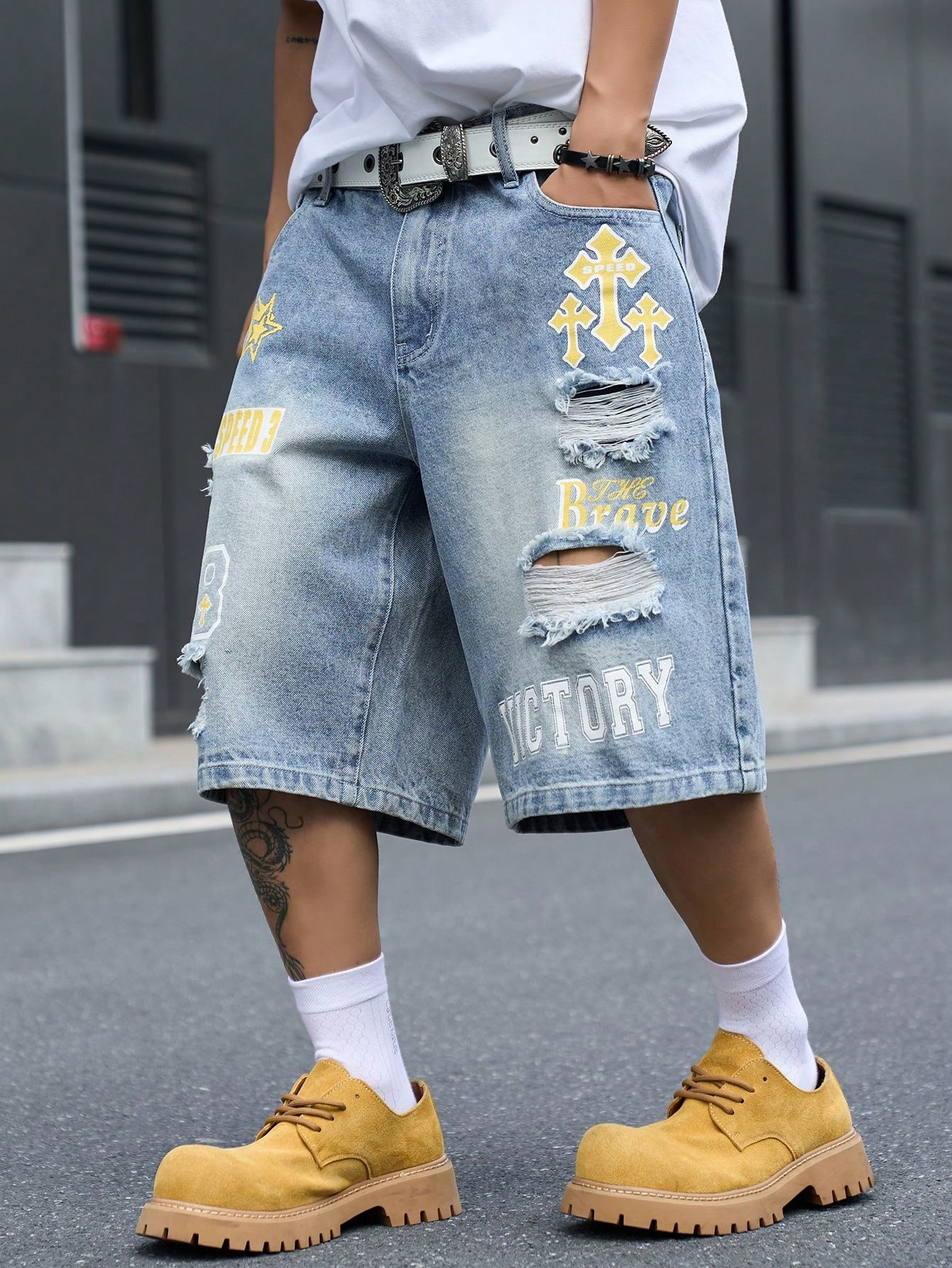 남성용 루즈핏 데님 버뮤다 반바지, 빈티지 디스트레스드 - Street Fashion Hip Hop 리뷰 및 가격